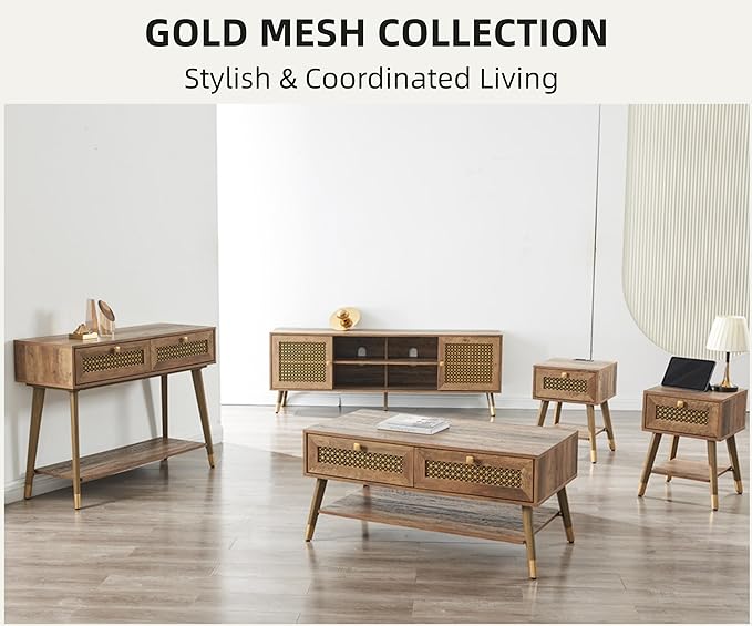 JYED Mid Century Modern TV Stand and Console for TVs Up to 75 inch - Rustic Oak Entertainment Center, 2 Gold Metal Mesh Doors & MDF Wood Grain, 15.8" D x 66" W x 23.5" H-Ruum Studio Home