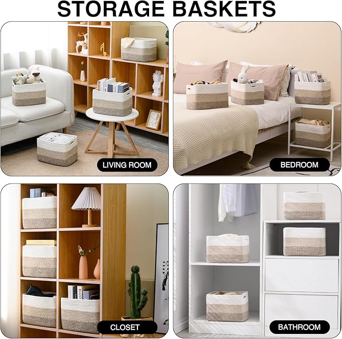 Shelf Baskets for Organizing, Storage Baskets for Shelves, Woven Baskets for Storage, Cotton Rope Baskets with Handles for Toy, Book, Clothes, 12.5"Lx9.1W"x7.9H", (4 Packs) Gradient Brown-Ruum Studio Home