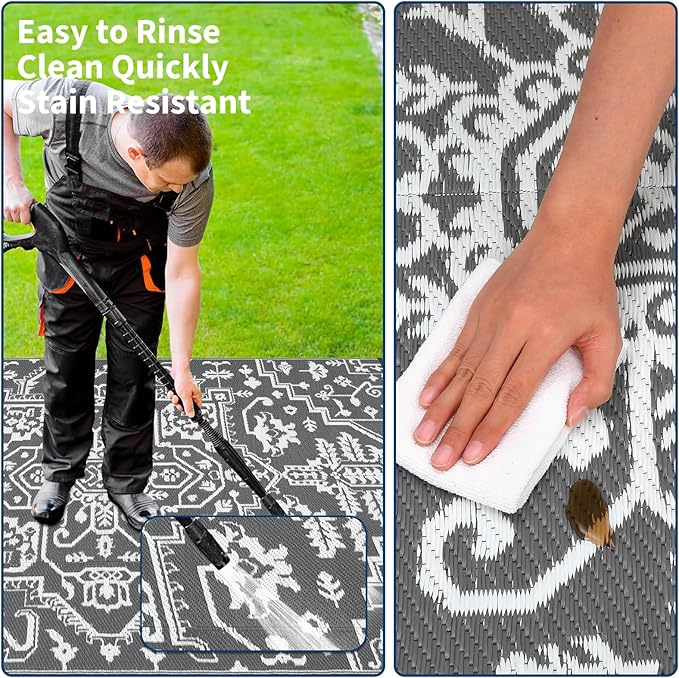 Waterproof Outdoor Rug 9x18 Reversible Plastic Straw Patio Rug, Stain-Resistant Vintage Medallion Carpet, Large Indoor Outdoor RV Mat for Deck, Camping, Balcony, Grey White-Ruum Studio Home