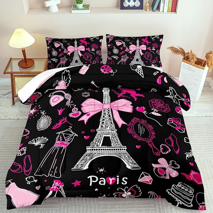 Eiffel Tower Comforter Set Full Size,Eiffel Tower Bedding Set for Girls, Pink and Black Paris Themed Comforter Bedroom Decor,Paris Quilt French Style Romantic Bedding-Ruum Studio Home