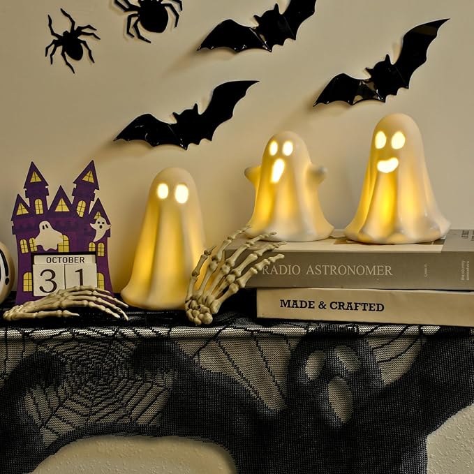 3 Pack Halloween Ceramic Ghost Decor, Light Up Ghost Halloween Decor, Cute Ghost Figurines for Table Tray Fireplace Home Indoor Decoration-Ruum Studio Home
