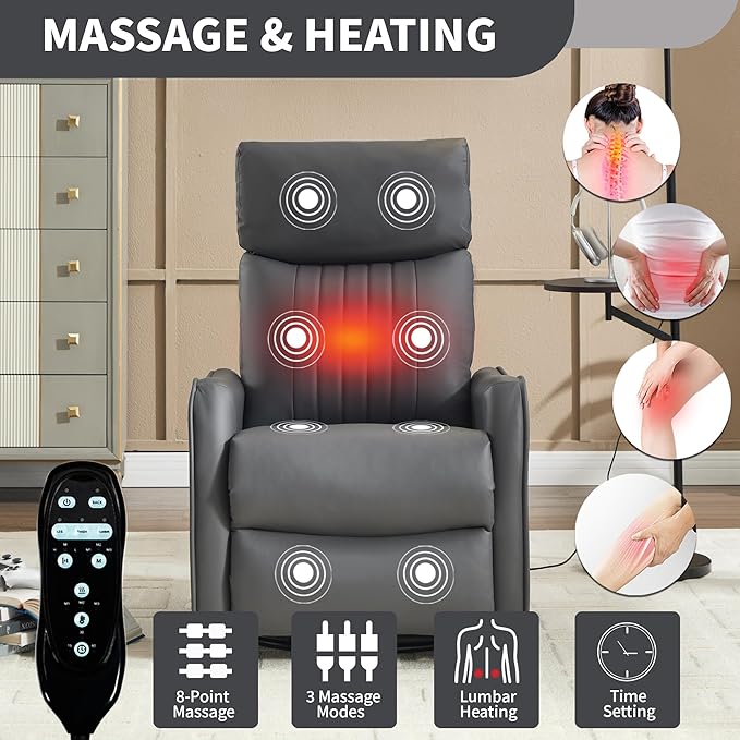 Manual Swivel Rocker Recliner Chair for Adults, Overstuffed Reclining Glider Chair for Nursing with Vibration Massage & Heat, Living Room Rocking Recliner 2-Stage backrest, Faux Leather Gray-Ruum Studio Home