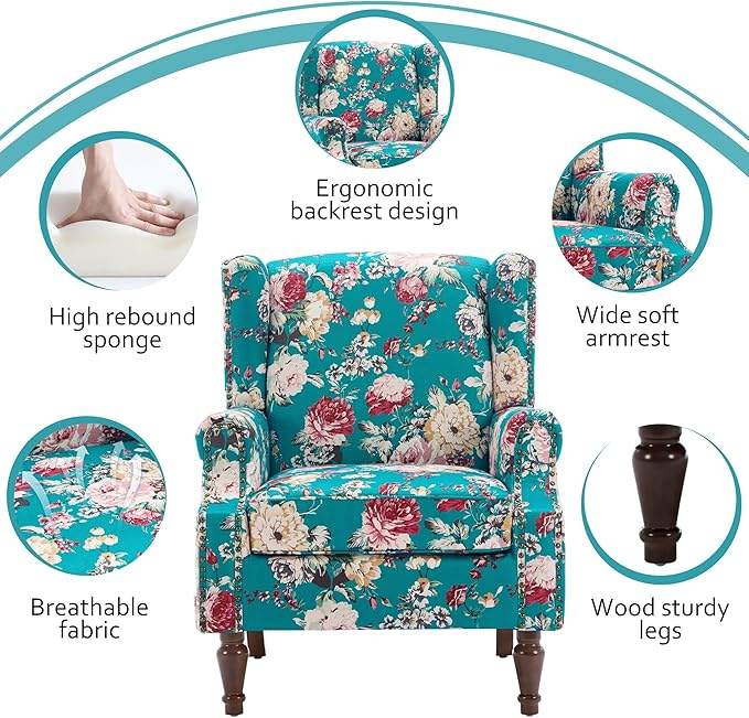 Lumibee High Back Accent Chair Set of 2, Armchair in Fabric,Comfy Upholstered Wingback Single Sofa Reading Chairs with Solid Wood Legs for Living Room,Bedroom,Office-Peacock Blue-Ruum Studio Home