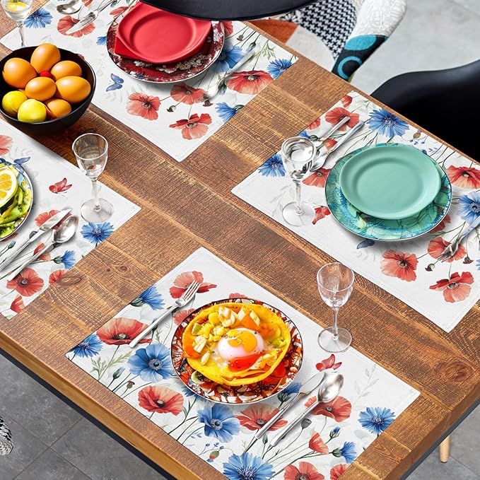 4th of July Floral Placemats Set of 4 Patriotic Summer Red Blue Flowers Linen Fabric Table Mats America Memorial Day Independence Day Place Mats for Party Kitchen Dining Decoration-Ruum Studio Home