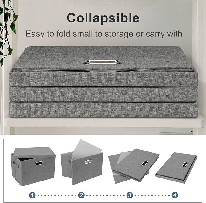 Large 17" 36 Quart Collapsible Stackable Storage Bins with Lids, 3 Packs Grey Linen Fabric Closet Boxes with Lids, Storage Cube Baskets Container Organizers for Bedroom Office(17 x12 x11)-Ruum Studio Home
