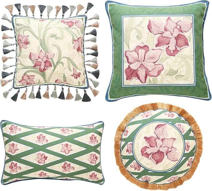 patdrea Designer Throw Pillow Covers Set of 4,French Elegant Green Linen with Iris Floral Collection Pattern Pillow Covers,Decorative Lumbar Square Round Pillowcases Cushion for Bed Living Room-Ruum Studio Home