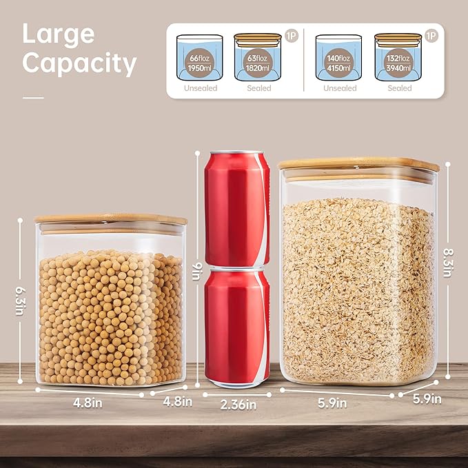 Extra Large Square Glass Flour & Sugar Storage Containers with Airtight Lids, 132 floz & 63 floz - 2 Pack Glass Jars with Bamboo Lids, Air tight Food Storage Containers for Cereal, Pasta, Rice-Ruum Studio Home
