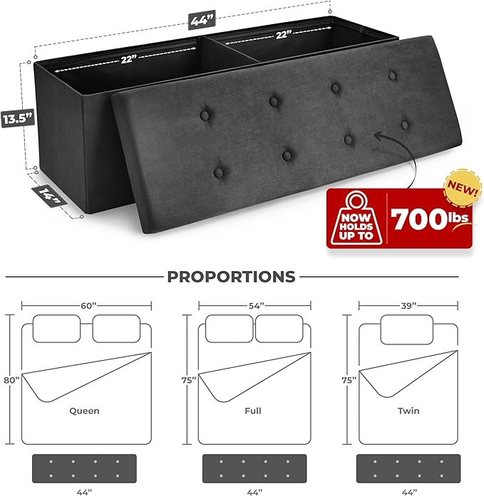 Sorbus Storage Ottoman Bench – for Living Room, Hallway, End of Bed, Bedroom Bench 43 in Large Folding Chest Seat Trunk w/Cover – Blankets, Coffee Table, Foot Rest– Tufted Velvet Linen Fabric (Black)-Ruum Studio Home