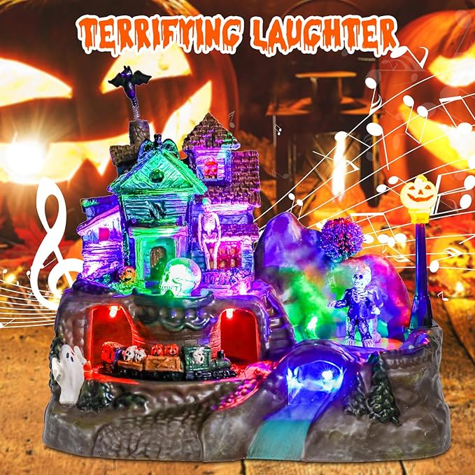 DREAM GARDEN Halloween Village Collection, Lighted Spooky Haunted House with Animated Train and Scary Sound Halloween Collectible Bulidings with Skull, Pumpkin, Ghost for Holiday Party Tabletop Decor-Ruum Studio Home