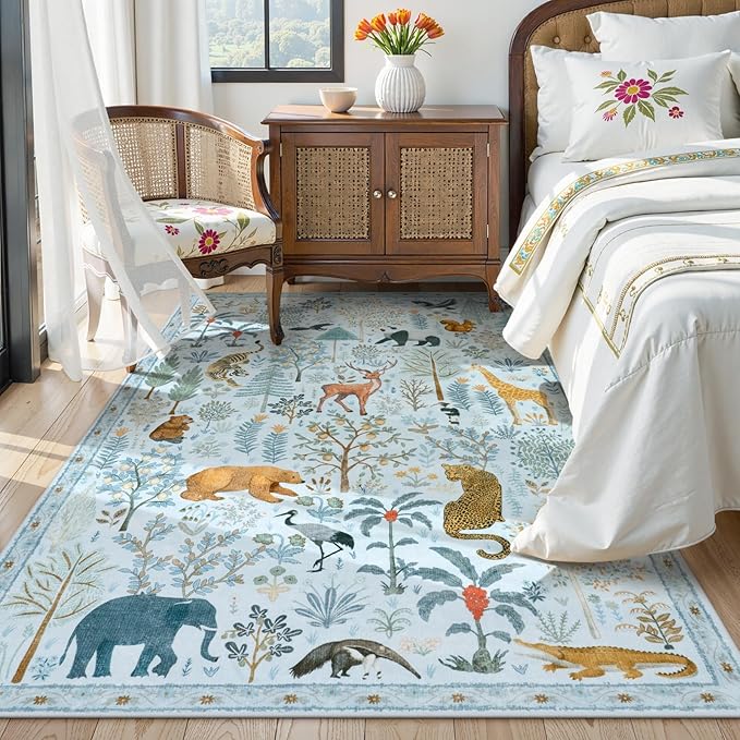 OJIA Animal Print Washable Area Rug 5x7, Soft Nursery Rugs for Living Room Ultra-Thin Non-Shedding Kids Bedroom Rug, Stain Resistant Throw Rug Large Carpet for Dining Room, Light Blue-Ruum Studio Home
