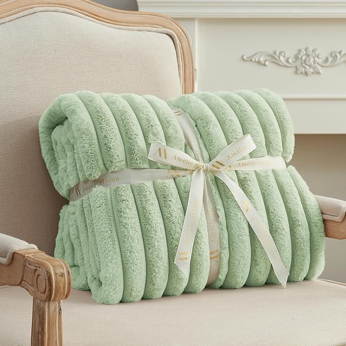 Amélie Home Faux Fur Throw Blanket for Couch, Cozy Fuzzy Fluffy Fur Luxurious Soft Striped Plush Gift Blankets for Family Sofa Chair Bed Living Room Bedroom, 55"x70", Sage Green-Ruum Studio Home