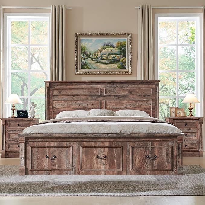 26" Tall Farmhouse Nightstand, 3 Drawers End Table w/Charging Station, 23.6" Wide Large Side Table w/Roman Column, Wood Rustic Sofa Table for Bedroom, Light Brown-Ruum Studio Home