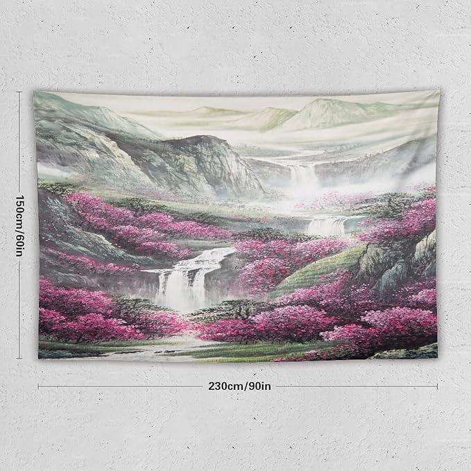 Japanese Tapestry, Red Plum Blossom Mountain Tapestry, Asian Japanese Wall Tapestry, Nature Landscape Tapestries for Bedroom Living Room Decor 90"x60"-Ruum Studio Home