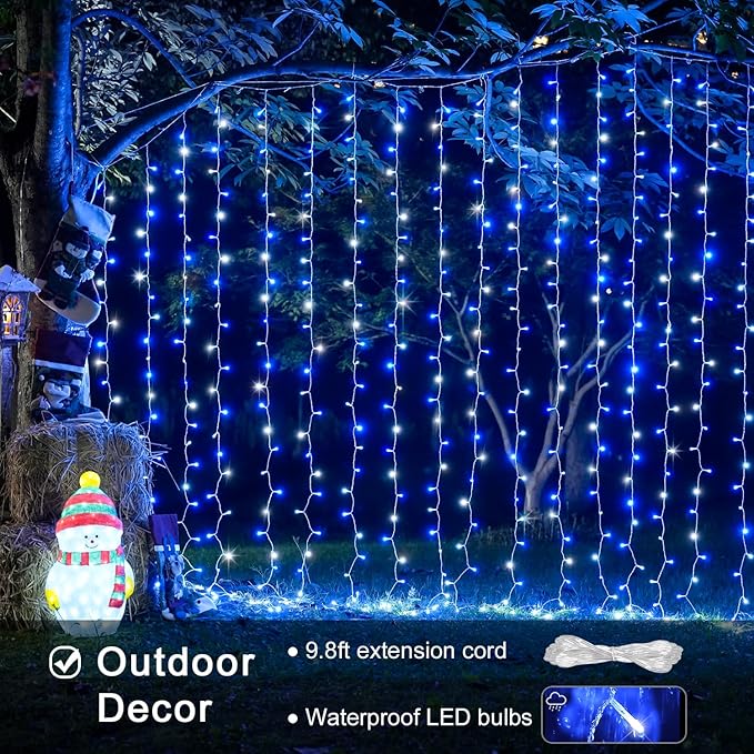 JMEXSUSS 300LED Christmas Curtain Lights Plug in with Remote, Blue and White Christmas Lights Indoor Outdoor, 8 Modes Hanging Fairy String Lights for Bedroom Window Wall Yard Patio Decor, 9.8x9.8ft-Ruum Studio Home