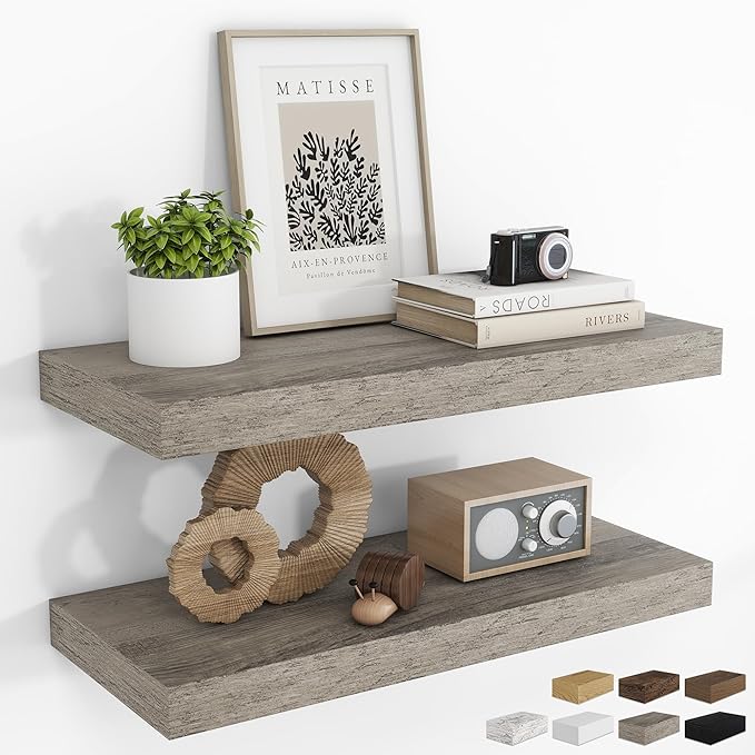 RICHFOCUS 24Inch Floating Shelves for Wall 2 Pack Shelves for Bedroom|Kitchen|Bathroom Wall Mounted Rustic Wood Floating Shelf with Invisible Brackets for Books|Storage|Decor, Grey-Ruum Studio Home