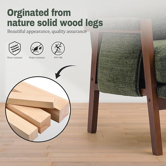 Modern Accent Chairs Set of 2 for Living Room Mid Century Arm Chairs Upholstered Bedroom Chairs Comfy Lounge Chairs with Solid Wood Frame, Green-Ruum Studio Home
