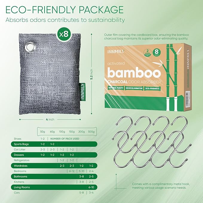Activated Charcoal Odor Absorber, Odor Eliminator for Strong Odor,Bamboo Charcoal Air Purifying Bags for Home Car Closet Pet, Smoke Room Deodorizer (8 x 60g, Unscented)-Ruum Studio Home