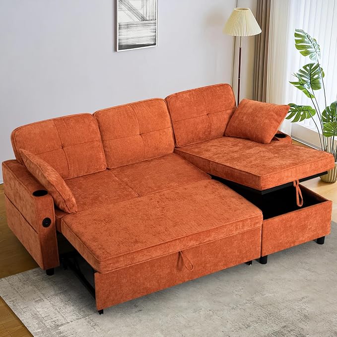 84 Inches Chenille Sectional Sofa w/Pull-Out Sofa Bed & Adjustable Back, Tufted L-Shaped Couch w/Storage Chaise, Sleeper Sectional Sofa w/USB Port & Cup Holders for Living Room, Orange-Ruum Studio Home