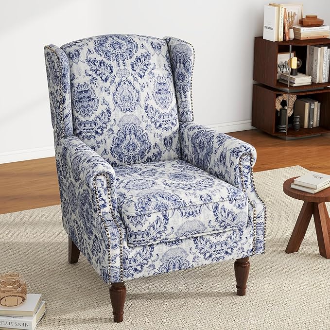 UIXE High Back Floral Accent Chair, Fabric Upholstered Armchair for Living Room, Retro Wingback Arm Chair with Solid Wood Legs, Nailhead Trim Single Sofa Bedroom Reading Seat - Navy Blue-Ruum Studio Home