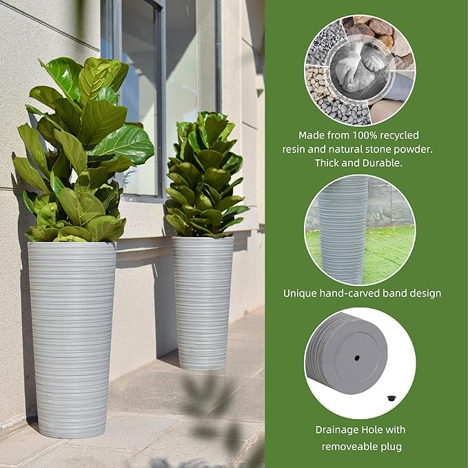 GreenShip 27" Tall Planters, Set of 2 – Black Outdoor Planter for Front Porch & Tall Plants, Weather-Resistant, with Drainage Hole & Rubber Plug (No Plants Included) (Light Gray)-Ruum Studio Home