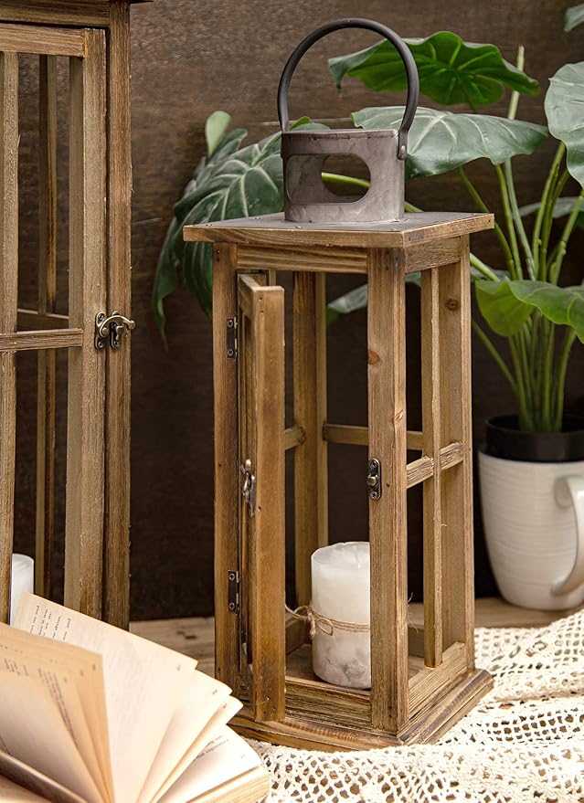 TIMRIS Large Farmhouse Wooden Metal Lantern Set of 2, Rustic Decorative Floor Candle Lanterns, Vintage Distressed Hanging Lanterns for Home Décor (No Glass)-Ruum Studio Home