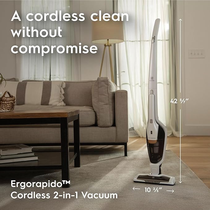 Electrolux Ergorapido Cordless 2-in-1 Vacuum Cleaner with High Suction Power and 180-Degree EasySteer Mobility, 48-Minute Run Time, 2 Power Modes, Satin White-Ruum Studio Home
