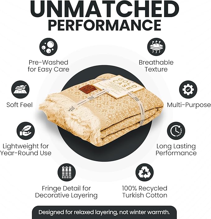 Gold Case Throw Blanket for Couch – 100% Recycled Turkish Cotton Blankets & Throws – Elegant Decorative Throw Blankets for Living Room Sofa – Woven Throws for Couch – Retro Mustard – 50x60-Ruum Studio Home