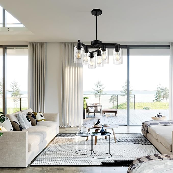 6-Light Modern Farmhouse Black Chandelier, Contemporary Dining Room Light Fixture, Adjustable Height Hanging Industrial Pendant Lights Kitchen Island, Clear Glass Shade-Ruum Studio Home