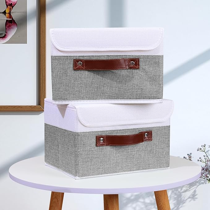 ANMINY 2PCS Storage Boxes with Lid Washable Decorative Storage Bins Basket with PU Leather Handle Foldable Linen Fabric Storage Cubes Containers for Home Closet Organizer - Gray White, Small Size-Ruum Studio Home