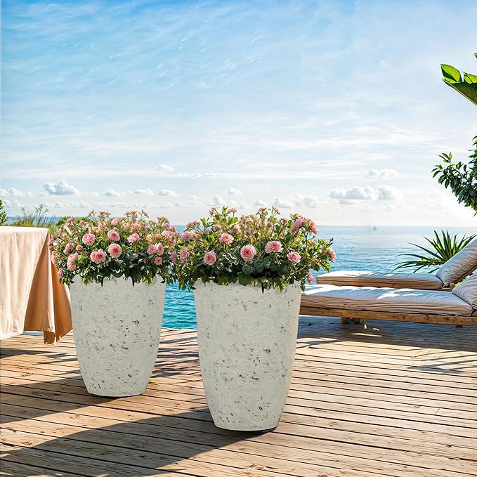 19.5" Resin Tall Planters for Outdoor Plants, Set of 2 Country White Large Flower Pots with Handmade Birch Bark Texture, Heavy-Duty and Weather-Resistant for Year Round Indoor Outdoor use-Ruum Studio Home