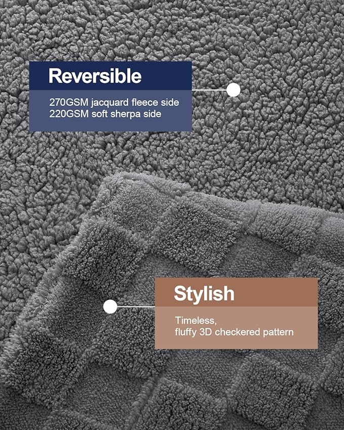 Pawque Super Soft Cozy Throw Blanket for Couch Sofa Bed - Fluffy Sherpa Fleece Reversible Thick Warm Fuzzy Blanket for All-Season, 3D Checkered Jacquard Elegant Decorative Blankets, Grey, 50" x 60"-Ruum Studio Home
