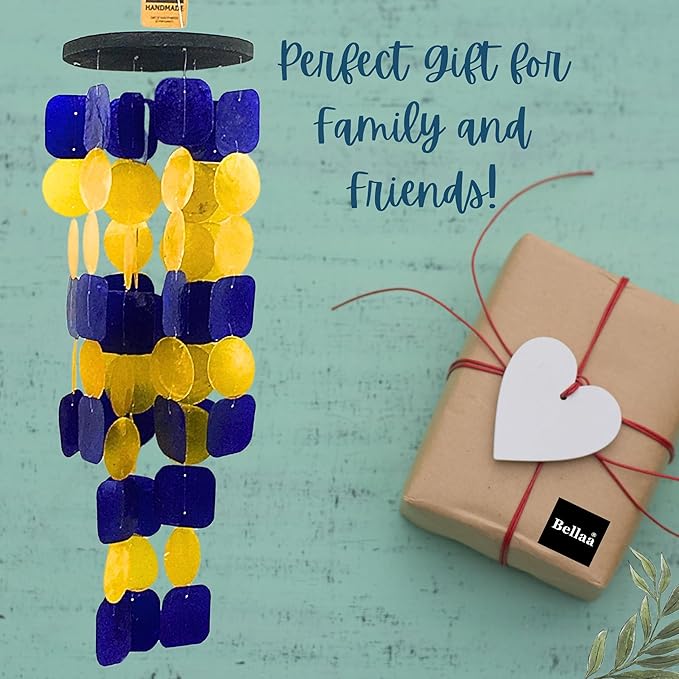 Bellaa 24889 Wind Chimes Outdoor, Garden Decorations, Musical, Indoor/Outside Windchimes, Beach, Ocean Breeze, Gifts for Mom, Gift for All Occasions, Capiz Sea Glass Shells Wood Yellow Blue-Ruum Studio Home