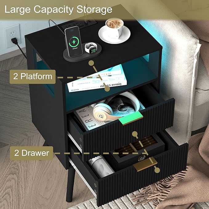 Black Nightstand with Charging Station and LED Lights,Modern Bedside Table with 2 Storage Drawer and Open Wood Shelf, for Bedroom and Small Spaces,Night Stand with Solid Wood Legs,Black-Ruum Studio Home