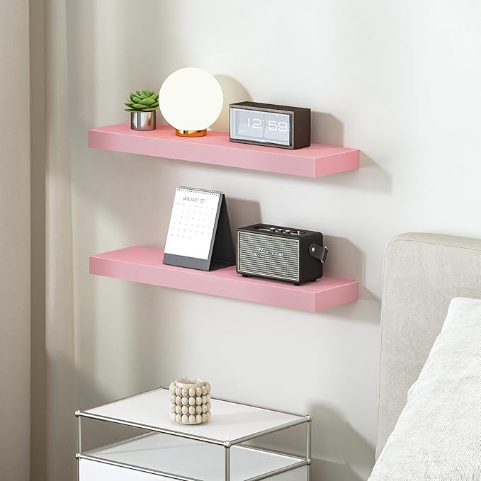 BAMEOS Pink Floating Shelves for Wall, 24" x 6" Wall Shelves for Room, Floating Book Shelves, Hanging Shelves for Bedroom, Bedroom, Living Room, Kitchen (Set of 2)-Ruum Studio Home