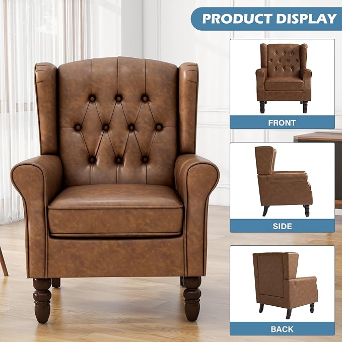 UIXE Faux Leather Accent Chairs Set of 2, High Back Upholstered Armchair for Living Room, Wingback Tufted Arm Chair Comfy Single Sofa Bedroom Reading Seat with Solid Wood Legs - Brown-Ruum Studio Home