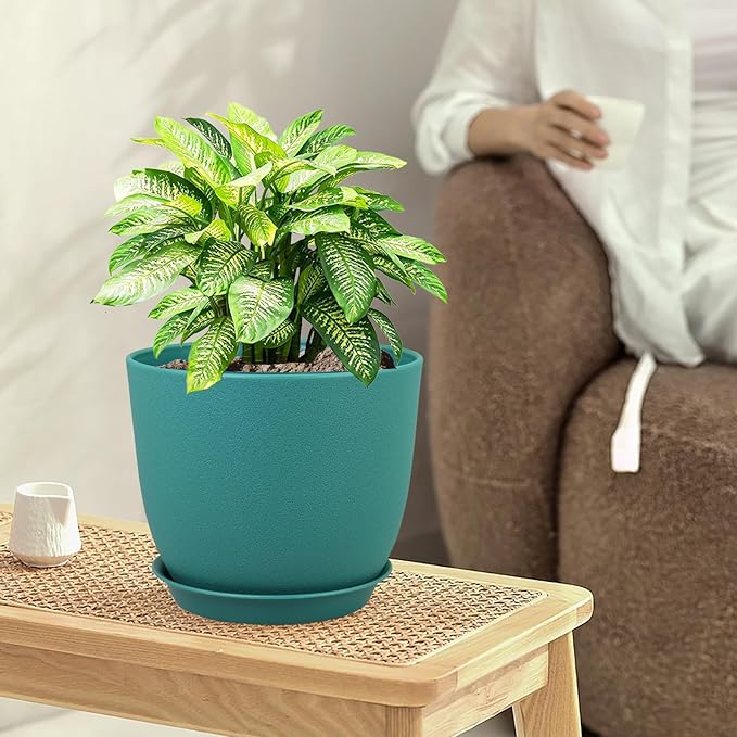 Flower Pots 10/9/8 inch, Set of 3 Modern Decorative Plastic Planters with Drainage Holes and Tray for House Plants Indoor Flowers Plants, Plant Pots for Indoor Outdoor Plants, Blue Green-Ruum Studio Home