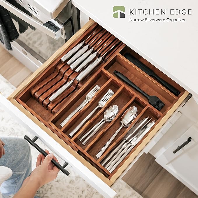 Premium Silverware, Flatware and Utensil Organizer for Kitchen Drawers, Food-Safe Contract Grade, Expandable from 10.5 to 19 In, Natural Acacia-Ruum Studio Home