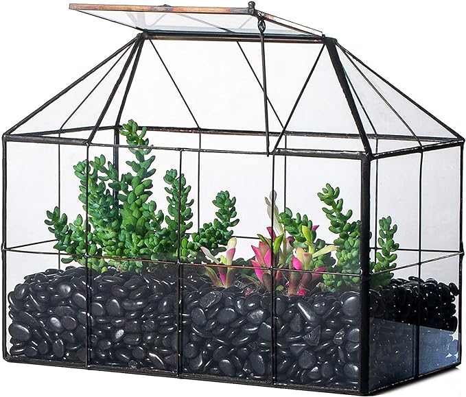 NCYP Glass Terrarium Planter with Lid for Small Succulent Cacti, Grid House Shape Black Geometric Terrarium Pot, Home Garden Indoor Tabletop Decor, 9.84" x 5.31" x 7.87" (No Plants)-Ruum Studio Home