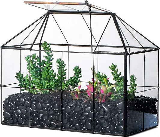 NCYP Glass Terrarium Planter with Lid for Small Succulent Cacti, Grid House Shape Black Geometric Terrarium Pot, Home Garden Indoor Tabletop Decor, 9.84" x 5.31" x 7.87" (No Plants)-Ruum Studio Home