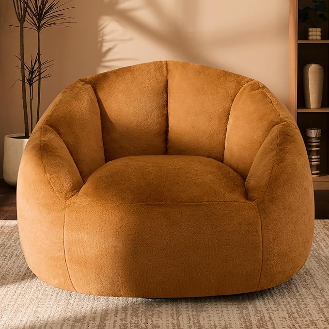 Giant Bean Bag Chair for Adults - Comfy Plush Round Shell Soft Reading Chair, Oversized Cozy Lounge Floor Sofa Accent Chair, Mini Couch for Living Room, Bedroom & Game Rooms, Orange-Ruum Studio Home