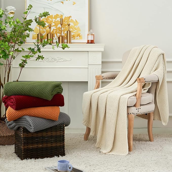 Longhui bedding Chunky Cable Knit Throw Blanket Lightweight Burgundy 100% Organic Cotton Blanket for Sofa Couch Bed Baby Nursery, Rustic Shabby Chic Modern Farmhouse, 51” x 63” Give Laundering Bag-Ruum Studio Home