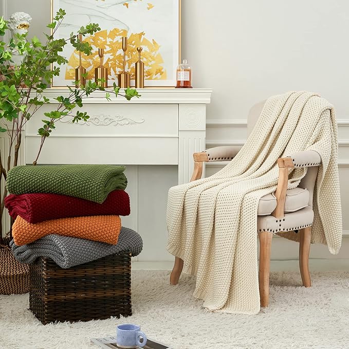 Longhui bedding Chunky Cable Knit Throw Blanket Lightweight Olive Green 100% Organic Cotton Blanket for Sofa Couch Bed Baby Nursery, Rustic Shabby Chic Modern Farmhouse, 51” x 63” Give Laundering Bag-Ruum Studio Home