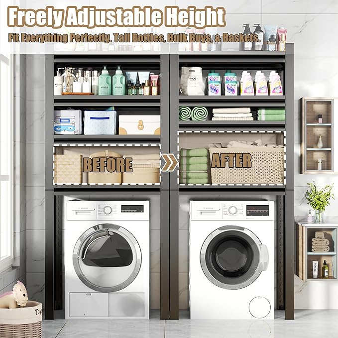 Over Washer Storage,5Tier Expandable Washer and Dryer Rack, Laundry Room Storage Over Toilet Washing Machine and Dryer Storage Rack Bathroom Organization, Hold 500 lb, Black-Ruum Studio Home