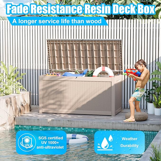 260 Gallon Large Resin Deck Box, Lockable Outdoor Storage Box for Patio Cushions Storage Furniture,Garden Tools, Pool Supplies, Weatherproof and UV Resistant- Grey Rattan (260 Gallon)-Ruum Studio Home
