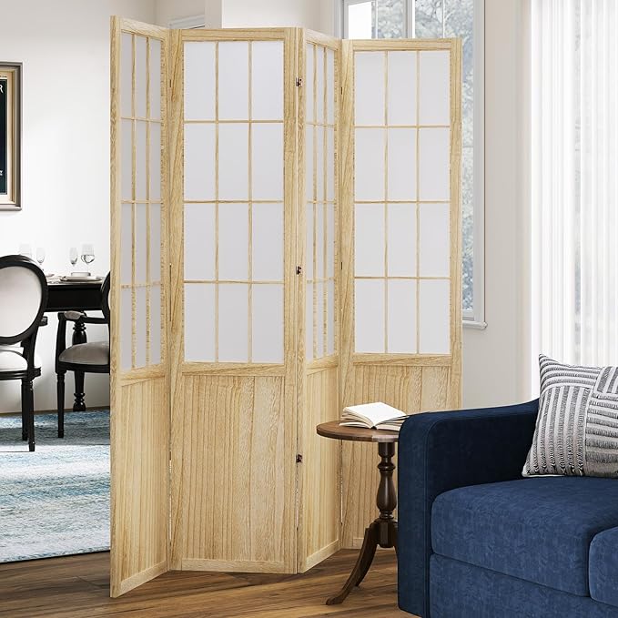 5.6FT Room Divider and Folding Portable Partition Screen, Chinese Japanese Shoji Style for Room Separation - 4 Panel (Natural)-Ruum Studio Home