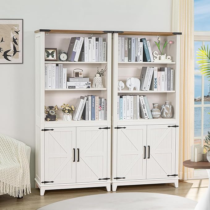 5 Tier Bookshelf 70in Tall Bookcase with Barn Doors and Storage Cabinet, White Farmhouse Book Shelf with Adjustable Shelves, Wood Freestanding Display Bookshelves for Bedroom, Kitchen (2PCS)-Ruum Studio Home