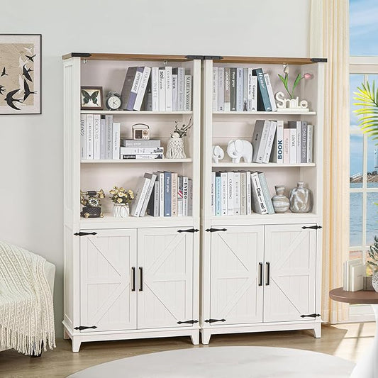 5 Tier Bookshelf 70in Tall Bookcase with Barn Doors and Storage Cabinet, White Farmhouse Book Shelf with Adjustable Shelves, Wood Freestanding Display Bookshelves for Bedroom, Kitchen (2PCS)-Ruum Studio Home