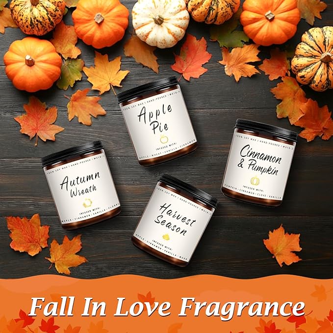 Auelife Fall Candle Set | 4 Pack Scented Candles for Home - Candle Gifts for Women Men, Soy Candles Home Scented | Autumn Fragrance of - Apple Pie/Cinnamon/Harvest/Wreath-Ruum Studio Home