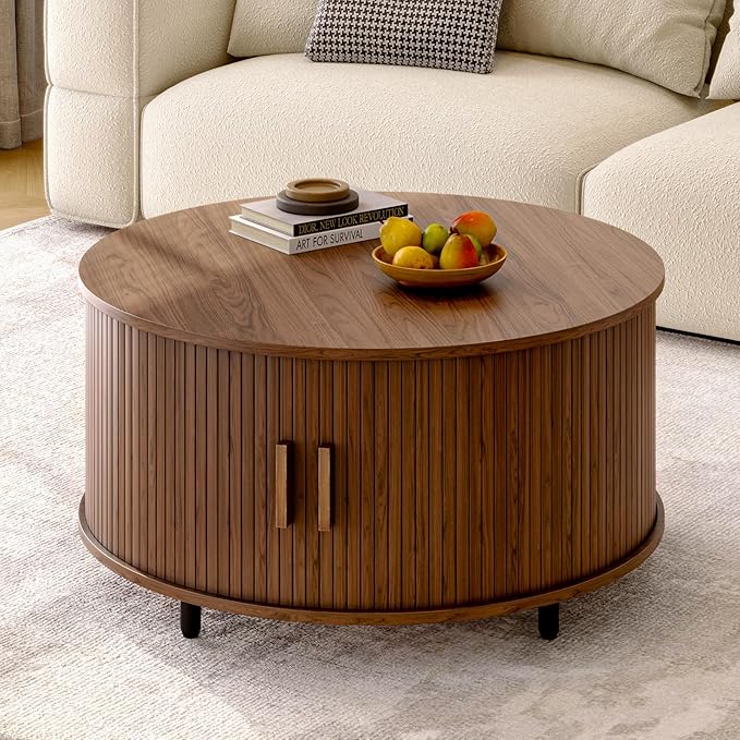 Round Coffee Table with Storage, 31.5" Modern Coffee Table with 360° Curved Sliding Door, Fluted Wood Accent Coffee Table with Adjustable Footpads, Round Center Table for Living Room, Walnut-Ruum Studio Home
