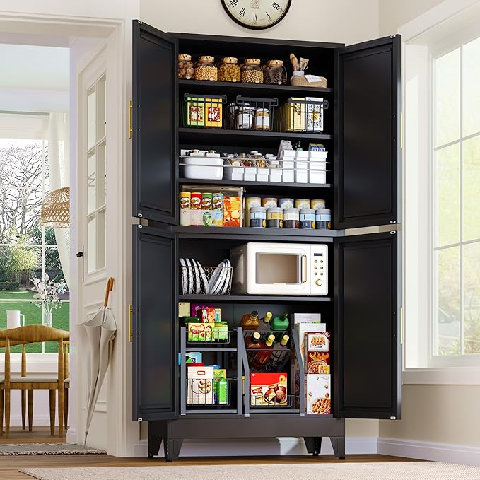 75.2" Tall Metal Pantry Cabinet, Storage Cabinets with 4 Door and 4 Adjustable Shelves, Black Kitchen Pantry Storage Cabinet, Freestanding Cupboard for Kitchen Dining Room Living Room Bathroom-Ruum Studio Home